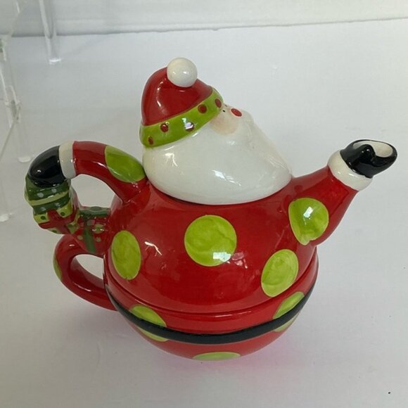 Vintage Santa Teapot Tea For One Holiday Red Green Polka Dot Crackle Barrel - Picture 11 of 16